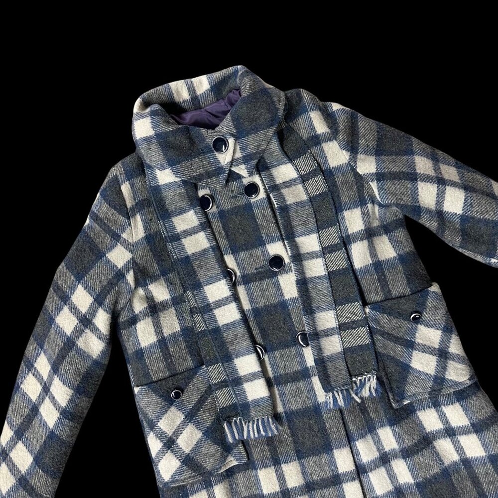 Vintage Womens Coat Scarf Plaid Wool Blend Union Made USA Blue White 1970s